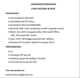 Dibutuhkan Staff Notaris