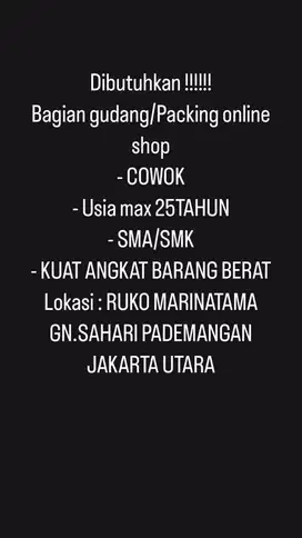 LOWONGAN KERJA BAGIAN GUDANG/PACKING ONLINE SHOP