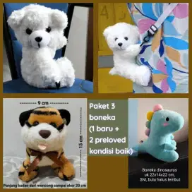 Paket 3 boneka: Dinosaurus, beruang (tas) & tiger (1 baru, 2 bekas)