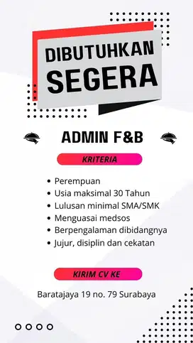 Dicari segera Admin F&B