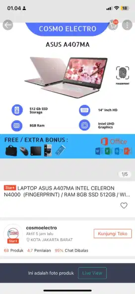 Murah Laptop Vivobook Asus a407ma Ram 8/512Gb