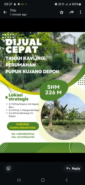 Dijual Tanah Kavling 226 M SHM di Beji Depok