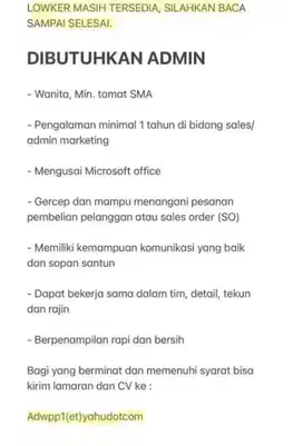 DIBUTUHKAN ADMIN KANTOR (Citra 2, Kalideres)