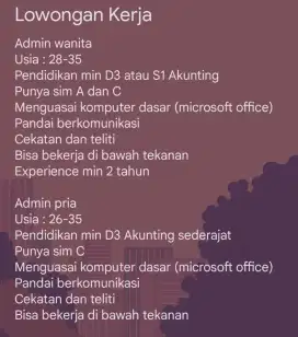 Dicari admin pria wanita