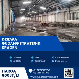 Disewakan Gudang Zona Industri Luas 4100m2 Lokasi Sragen