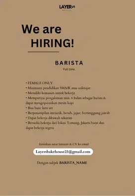 Dicari barista kopi hanya WANITA - siap bekerja, lokasi TOMANG