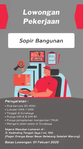 Dicari Supir Serabutan untuk Toko Bangunan Sby