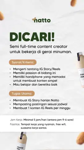 Dicari semi full time konten creator bekerja di gerai minuman