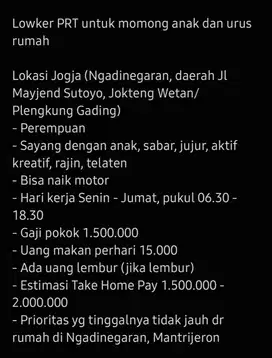 Lowker ART untuk momong anak dan urus rumah