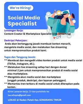 Dicari Social Media Specialist  dan Admin Marketplace