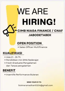 LOWONGAN KERJA SALES OFFICER UNTUK CIMB NIAGA FINANCE