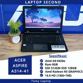 ACER ASPIRE A314 AMD A9-9420E RAM 8GB SSD 512GB+SSD 128GB LAYAR 14.0