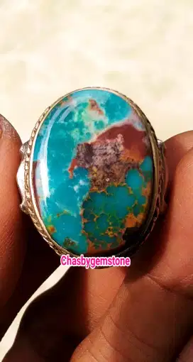 Cincin Pirus Persia biru langit-Natural Batu Pirus biru  serat emas