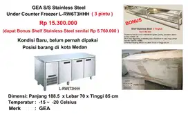 Di Jual GEA Under Counter Freezer 3 Pintu, dapat BONUS Shelf Stainless