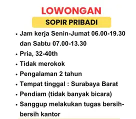 BUTUH CEPAT SOPIR PRIBADI, AREA SURABAYA