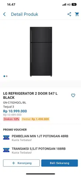 Kulkas LG 2 pintu seri GN-C702HQCL Rp. 10.999.000