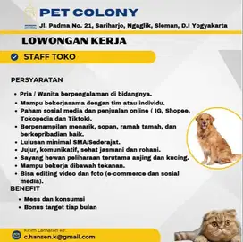 LOWONGAN KERJA STAFF TOKO DAN GROOMER