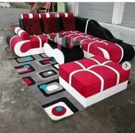 Sofa BELGIA merah-hitam lis putih +bantal+MEJA+PUFF