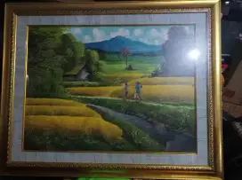 Lukisan pemandangan sawah dan gunung ukuran 80x100