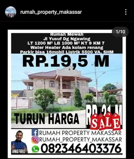 Rumah Mewah Jl Yusuf Dg Ngawing LT1200 LB 1000 Kmr 9 WC 7+Kolam Renang