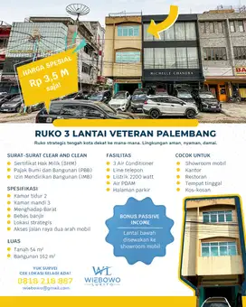 Dijual Ruko Veteran Palembang 3 Lantai