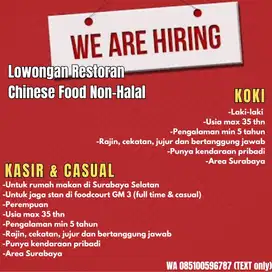 LOWONGAN RESTORAN CHINESEFOOD UNTUK KOKI DAN KASIR