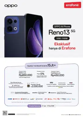 OPPO RENO 13 5G  256 GB ,PROMO KREDIT FREE 2X ANGSURAN