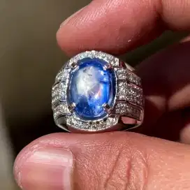 Cincin Permata Blue Star Sapphire Ring Emas Berlian