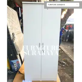 Lemari kayu partikel 2 pintu putih polos mewah kuat besar gantung rak