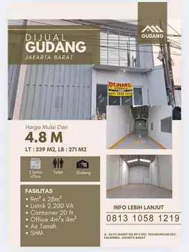Dijual cepat Gudang 1 Maret Pegadungan Kalideres Jakarta Barat