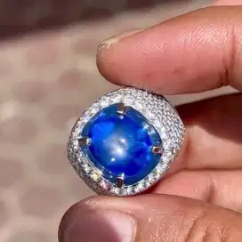 Cincin Permata Blue Star Sapphire Ring Perak Microsetting