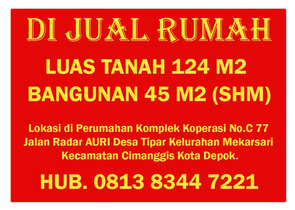 Di Jual Cepat Perumahan Koperasi No.C 77 Cimanggis Kota Depok
