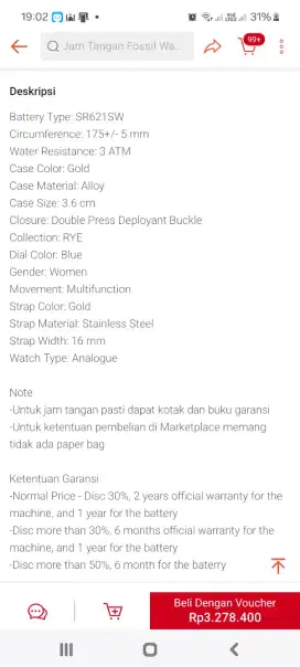 Fossil Rye Multifunction Gold - Tone Alloy Stainless Steel