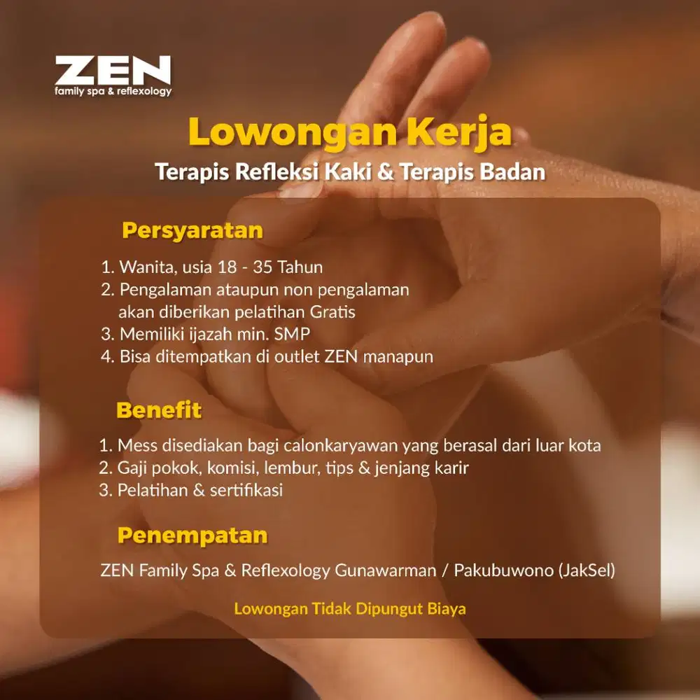 Lowongan Kerja Terapis ZEN Family Spa & Reflexology Jakarta Selatan