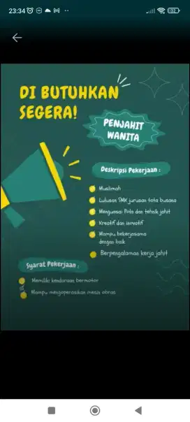 Dibutuhkan tenaga jahit wanita