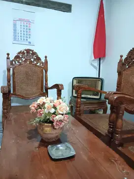 1 Set Meja Kursi Tamu Jati Rotan Kanjengan Kraton Lawasan  Kuno Jadul
