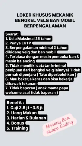 Dicari montir untuk bengkel velg dan ban mobil