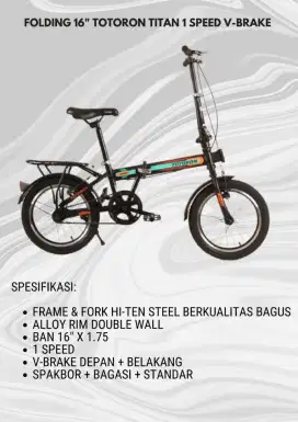 Sepeda lipat Totoron Titan 1 speed V-brake 16 inch