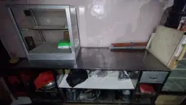 Meja Jualan Stanless Steel + 1 Etalase + 4 Kursi Bakso