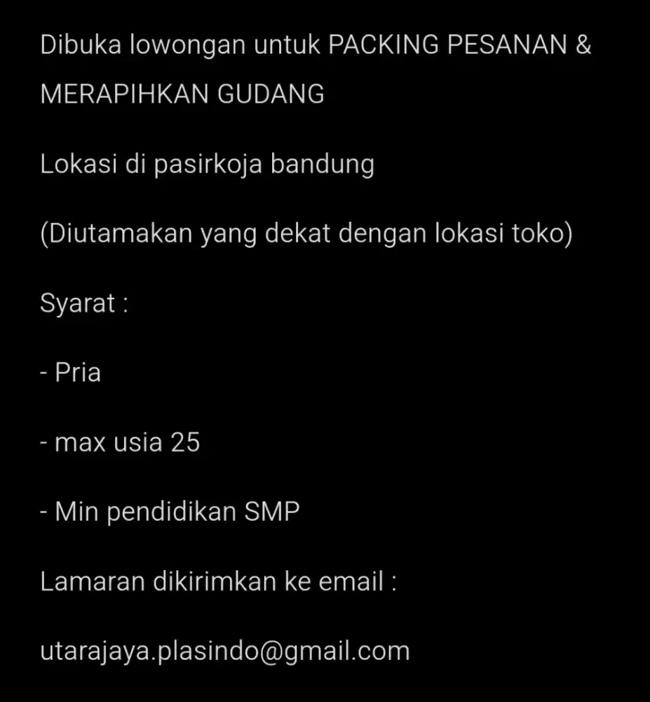 Lowongan pekerjaan helper gudang & packing