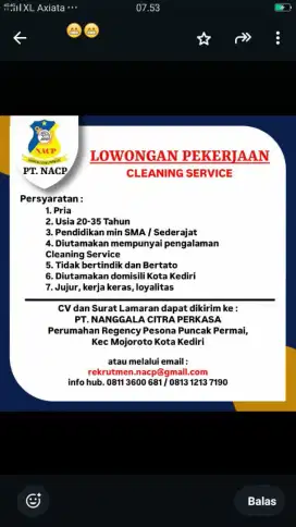 LOWONGAN PEKERJAAN CLEANING SERVICE