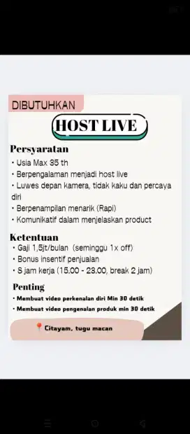 Dibutuhkan Host live (khusus wanita)