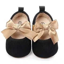 250220C Baby Girl PreWalker Black Shoes Gold Bow Knot Velcro Strap Rib