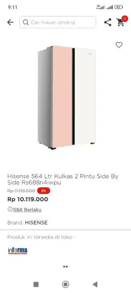 Hisense 564 ltr kulkas side bye side Rs688