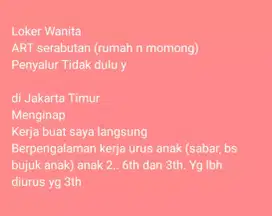 Loker ART Inap JAKARTA Momong Beres Rumah Serabutan
