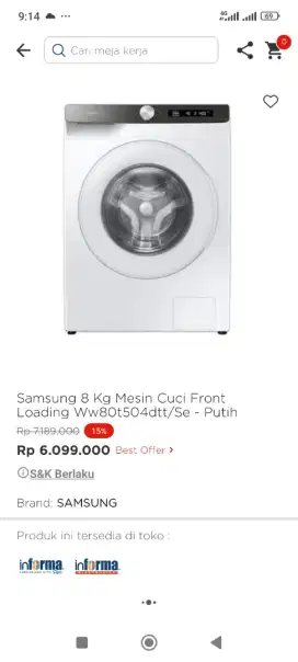 Promo Samsung 8kg Mesi Cuci Front Loading
