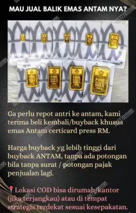 Buyback ANTAM LM 1gr ≤ 100gr Up
Langsung dijemput & transfer di tempat