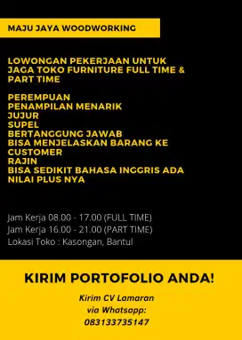 Lowongan Pekerjaan untuk Jaga Toko Furniture FULL TIME & PART TIME