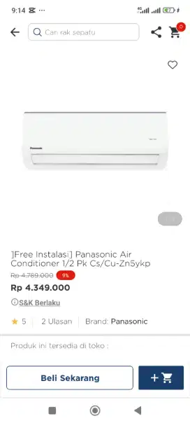 AC Panasonic 1/2Pk Cs/Cu-Zn5y Free Instalasi