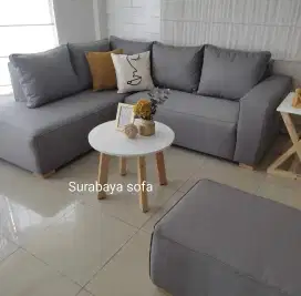 Promo sofa L abu abu dan meja